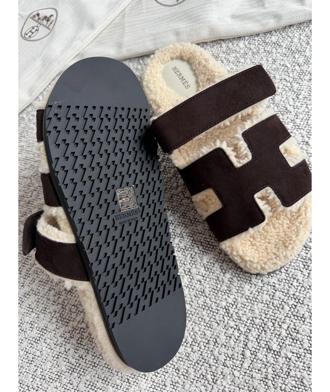 HERMES Коричневые замшевые шлепанцы, фото 6