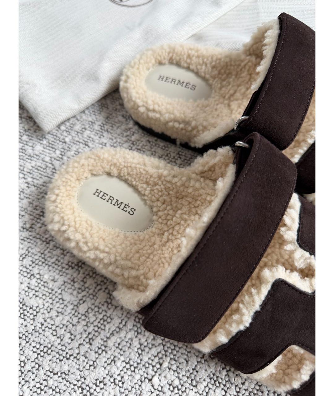 HERMES Коричневые замшевые шлепанцы, фото 3