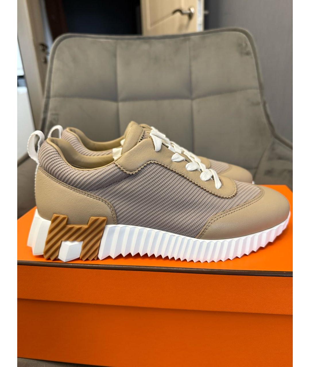 HERMES Бежевые кожаные кроссовки, фото 4