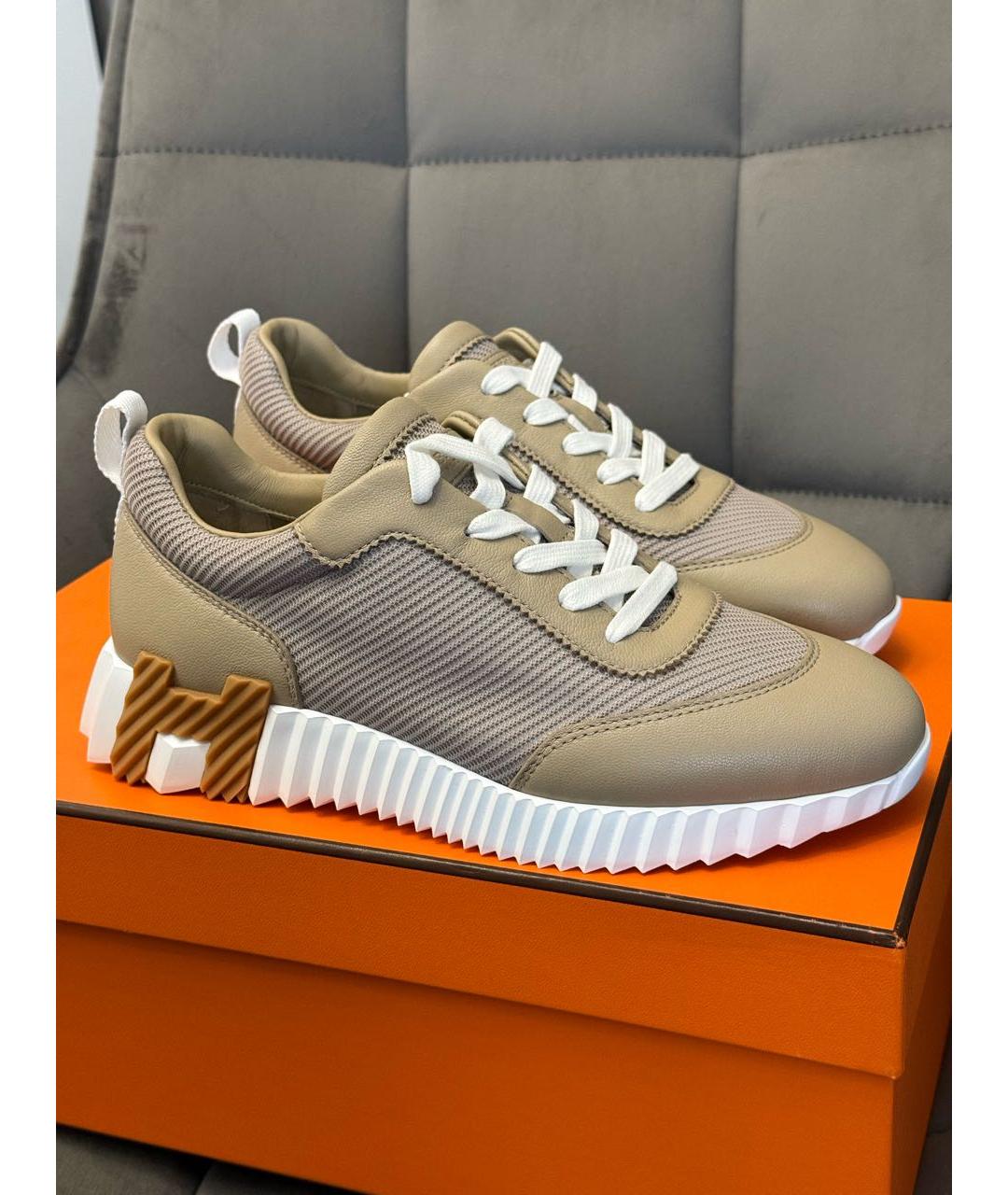 HERMES Бежевые кожаные кроссовки, фото 6