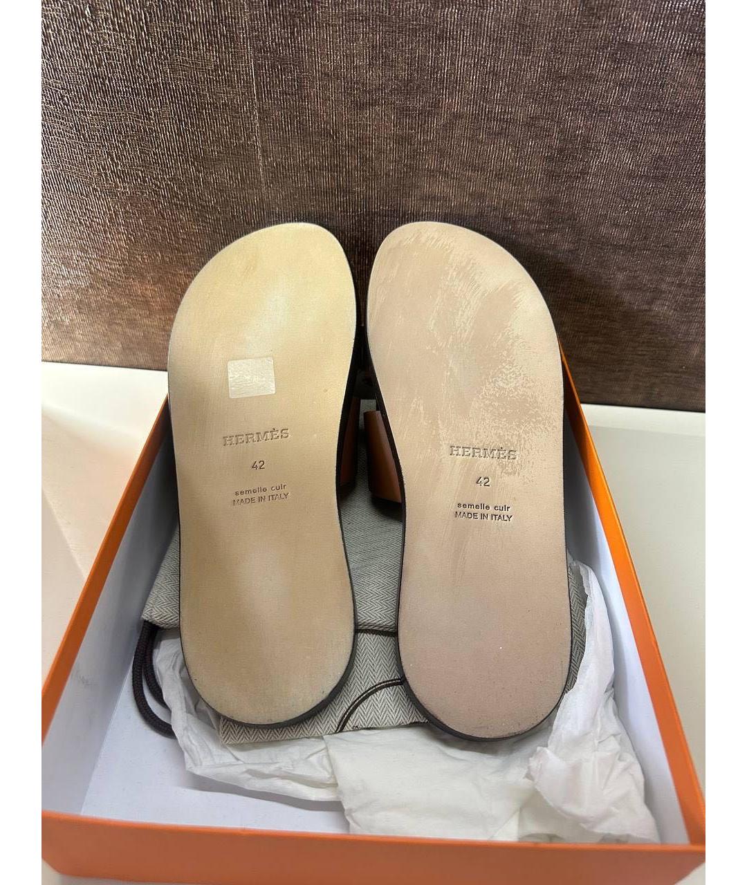 HERMES Коричневые кожаные шлепанцы, фото 3