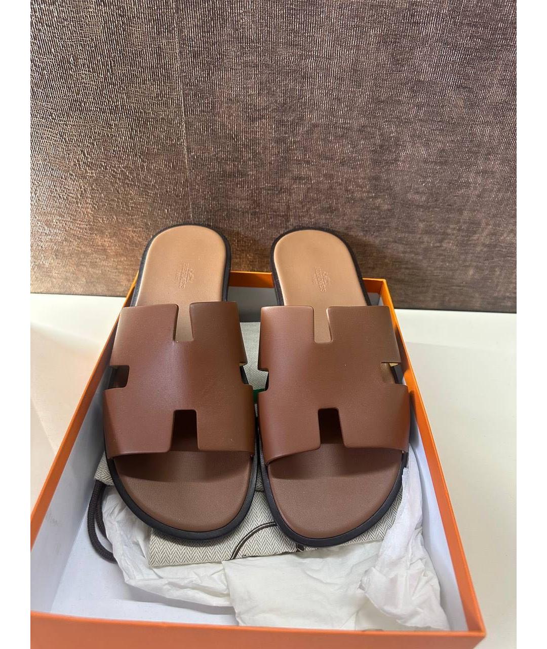 HERMES Коричневые кожаные шлепанцы, фото 6