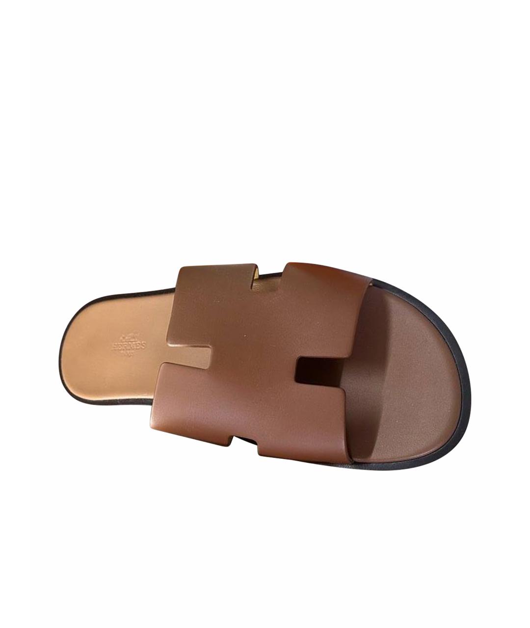 HERMES Коричневые кожаные шлепанцы, фото 1