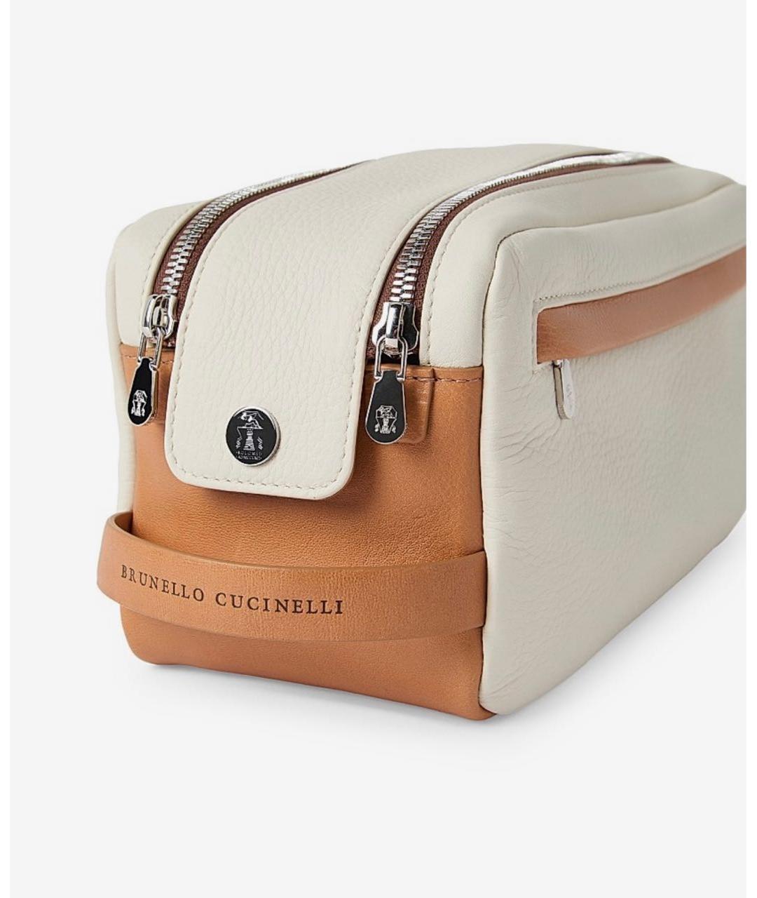 BRUNELLO CUCINELLI Бежевая кожаная косметичка, фото 5