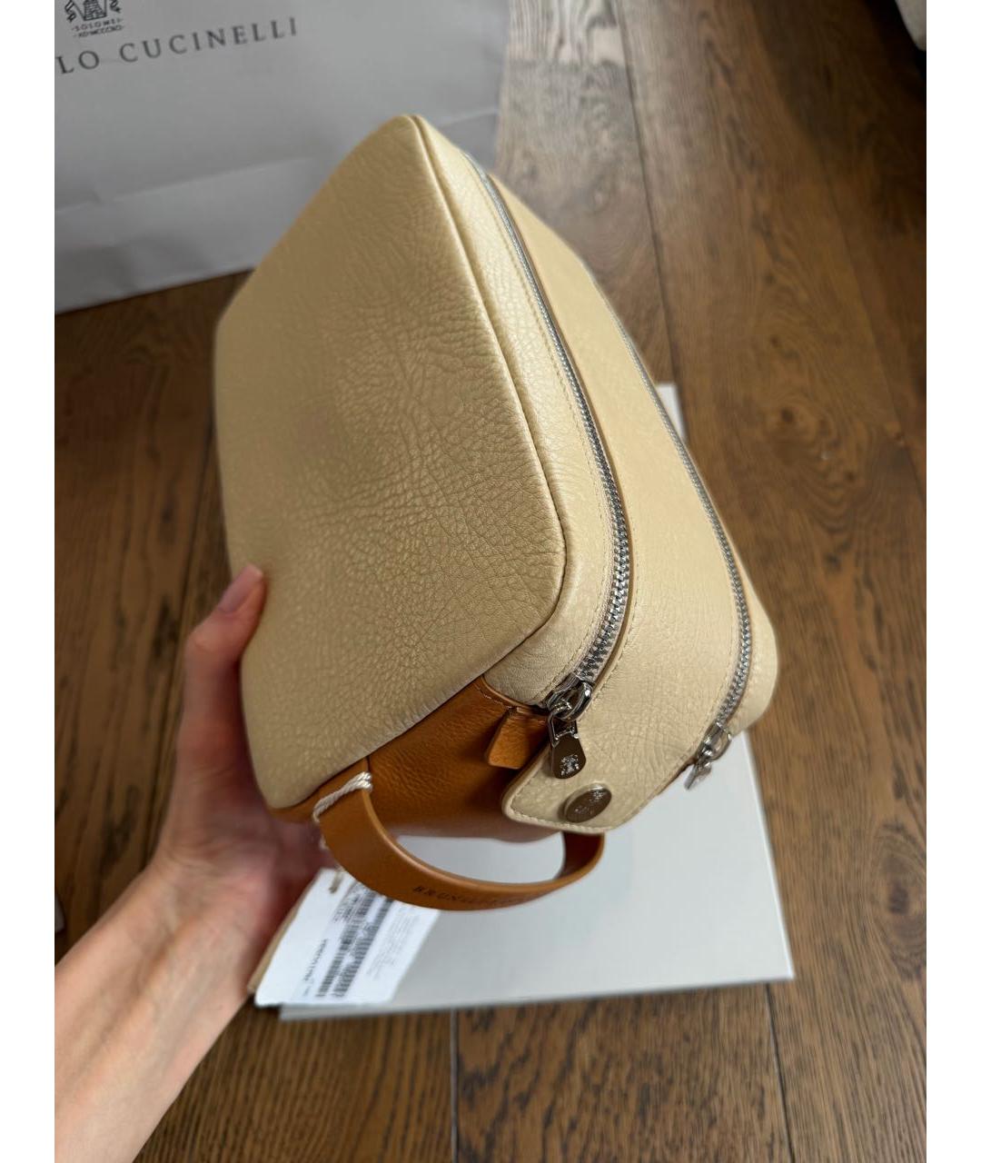 BRUNELLO CUCINELLI Бежевая кожаная косметичка, фото 3