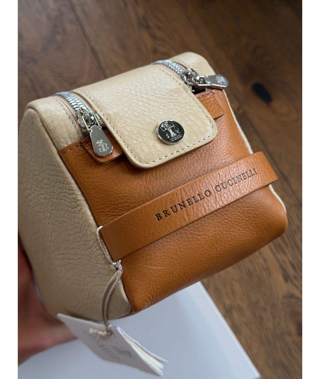 BRUNELLO CUCINELLI Бежевая кожаная косметичка, фото 4