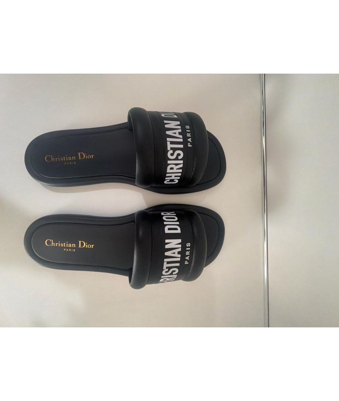 CHRISTIAN DIOR Черные кожаные шлепанцы, фото 5