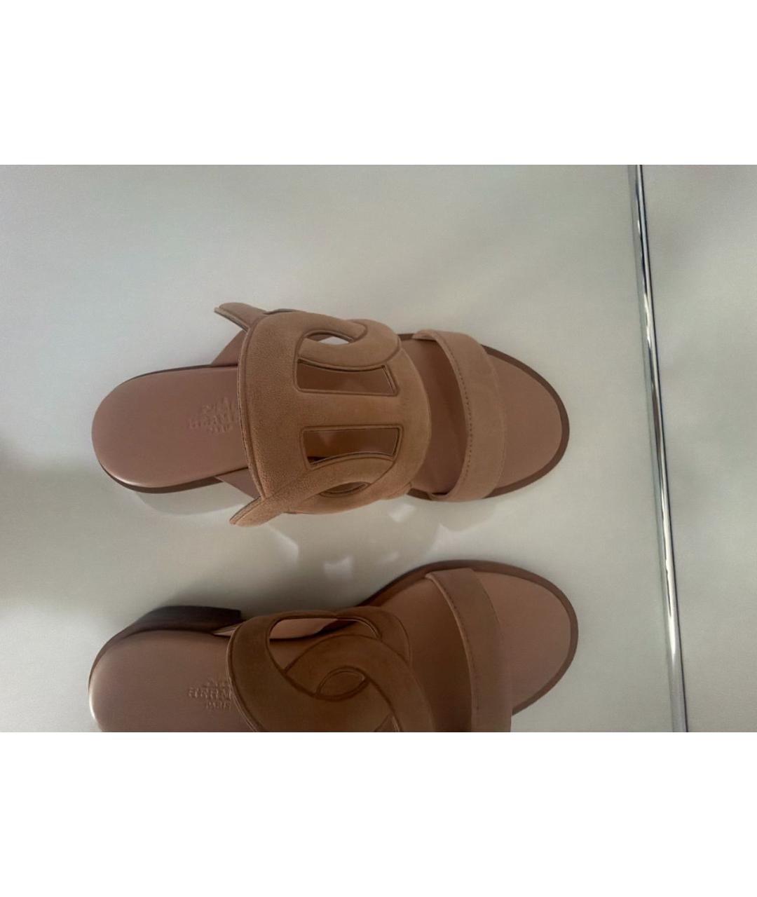 HERMES Бежевые замшевые шлепанцы, фото 5