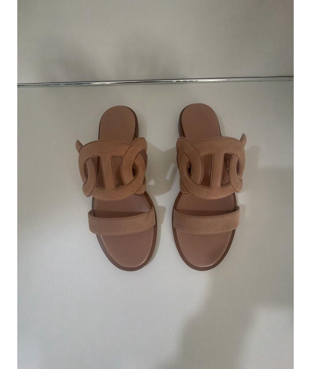 HERMES Бежевые замшевые шлепанцы, фото 2