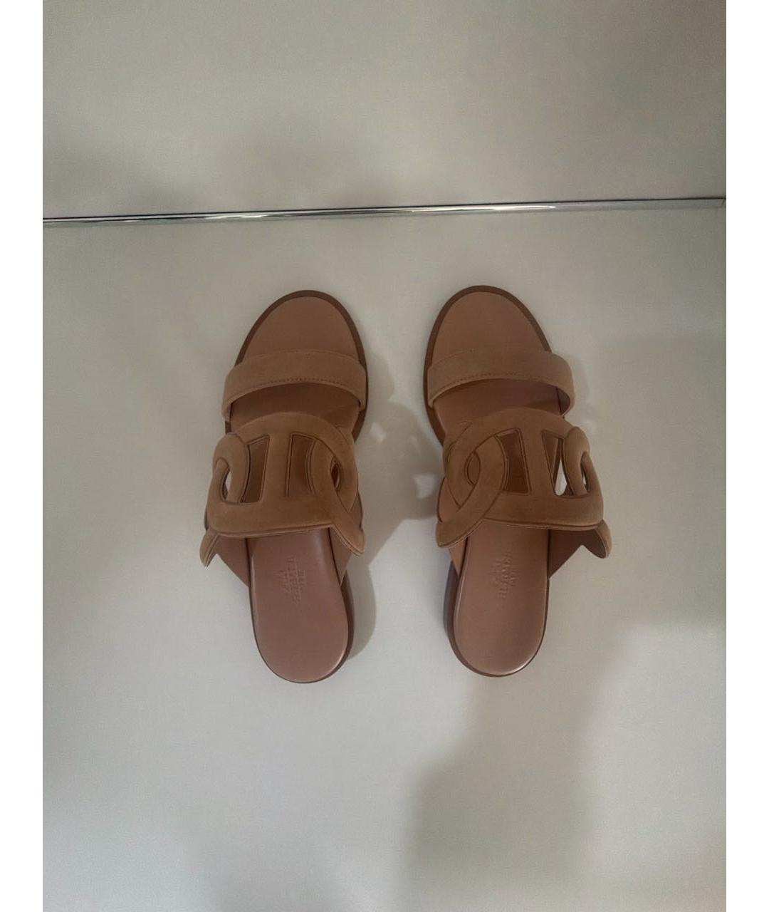 HERMES Бежевые замшевые шлепанцы, фото 3