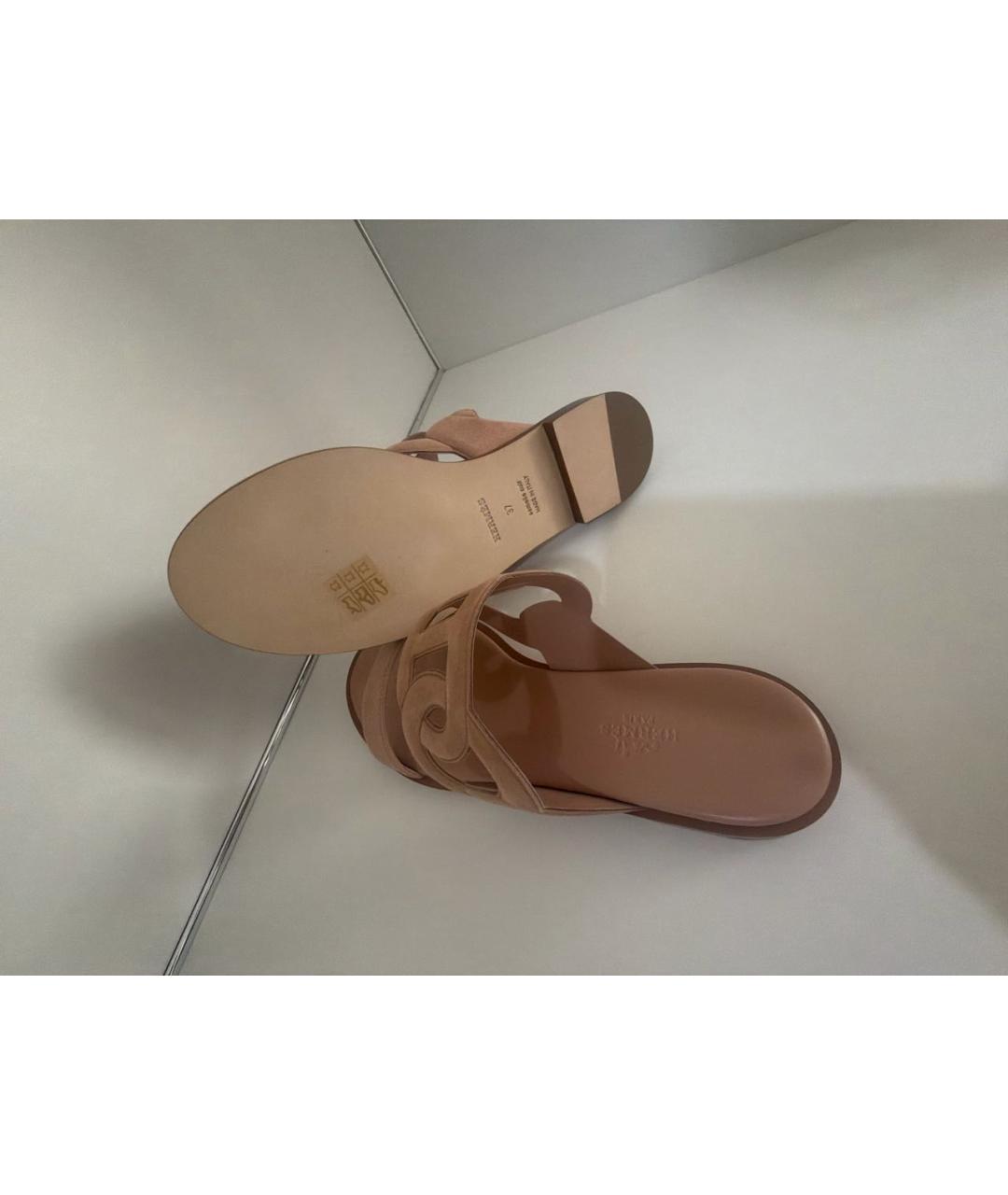 HERMES Бежевые замшевые шлепанцы, фото 6