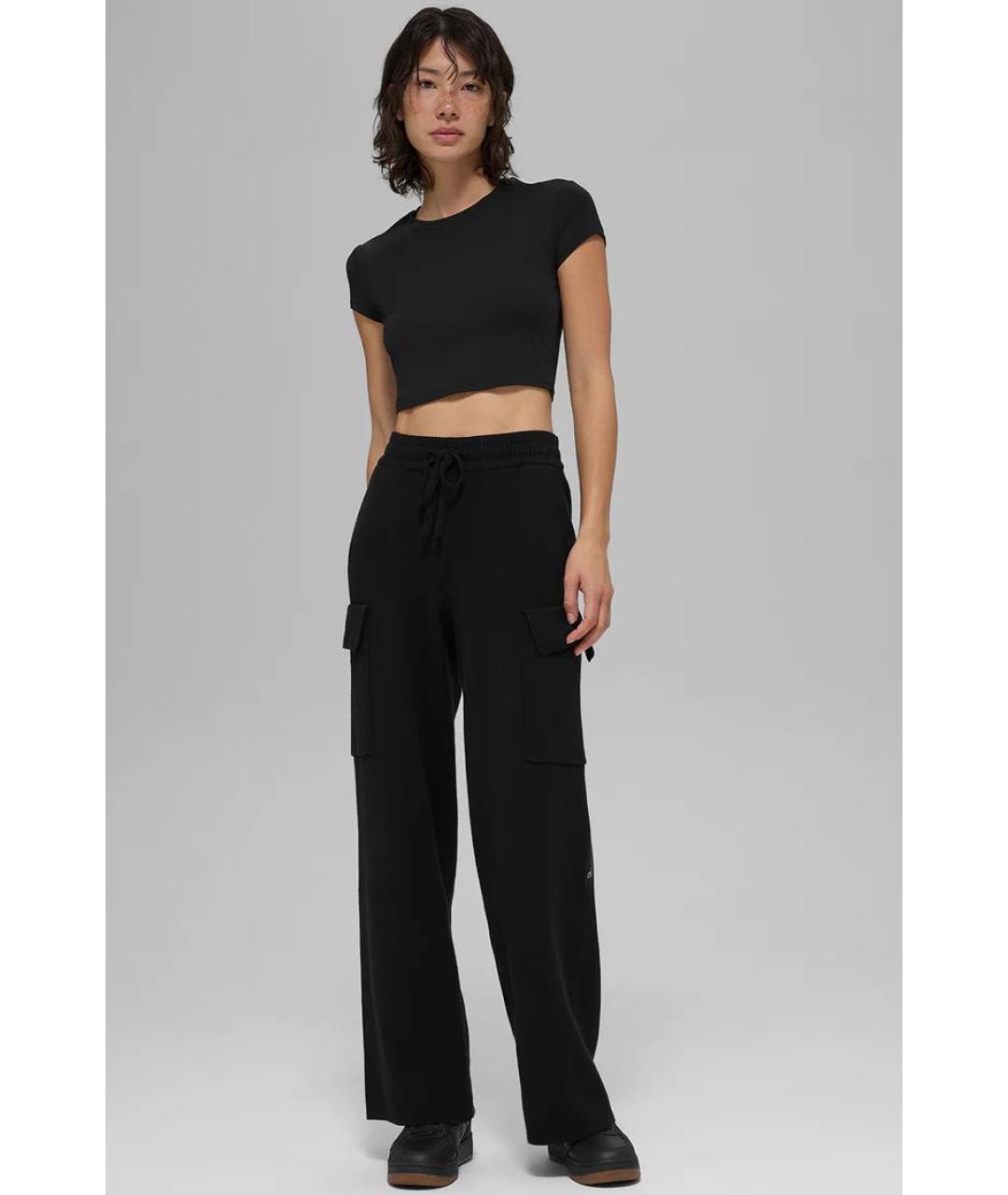 ALO YOGA Черные хлопко-эластановые брюки широкие, фото 6