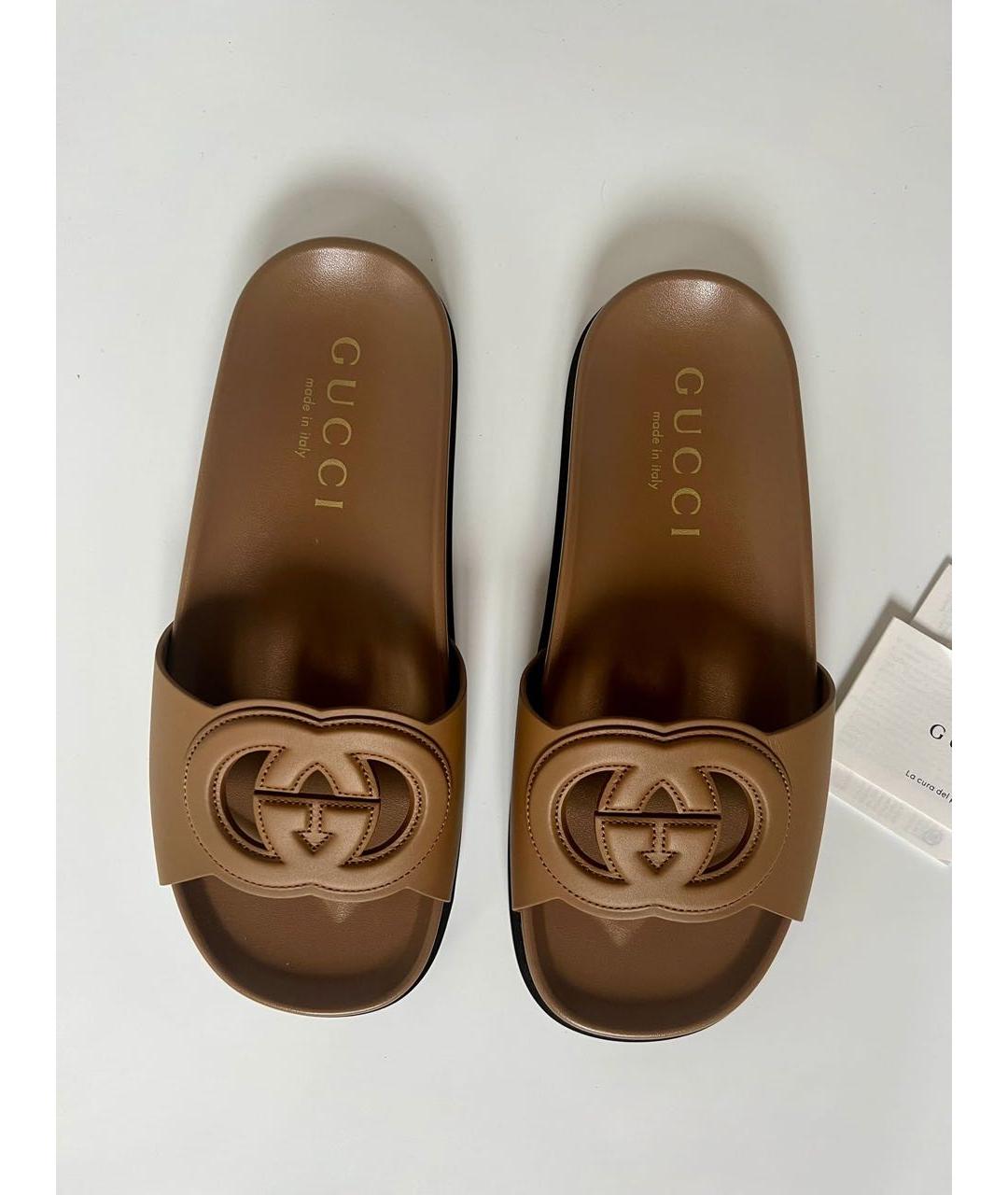 GUCCI Бежевые кожаные шлепанцы, фото 2