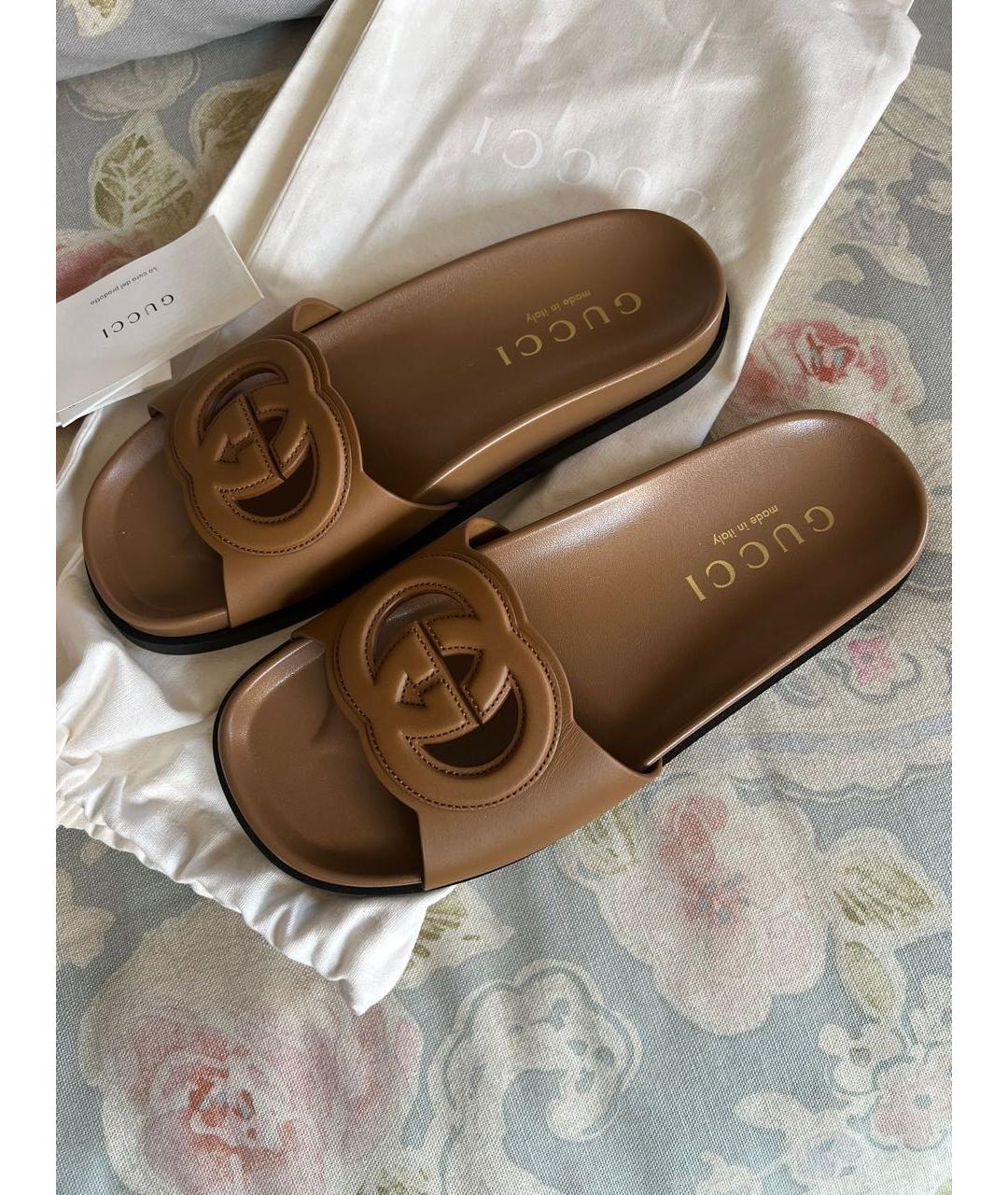 GUCCI Бежевые кожаные шлепанцы, фото 5