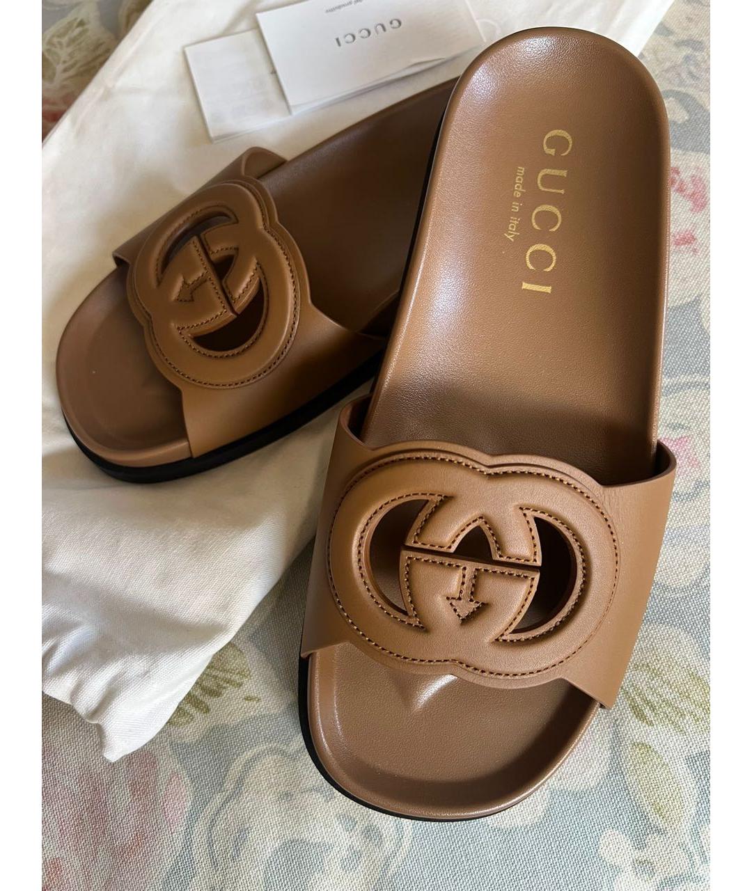 GUCCI Бежевые кожаные шлепанцы, фото 6