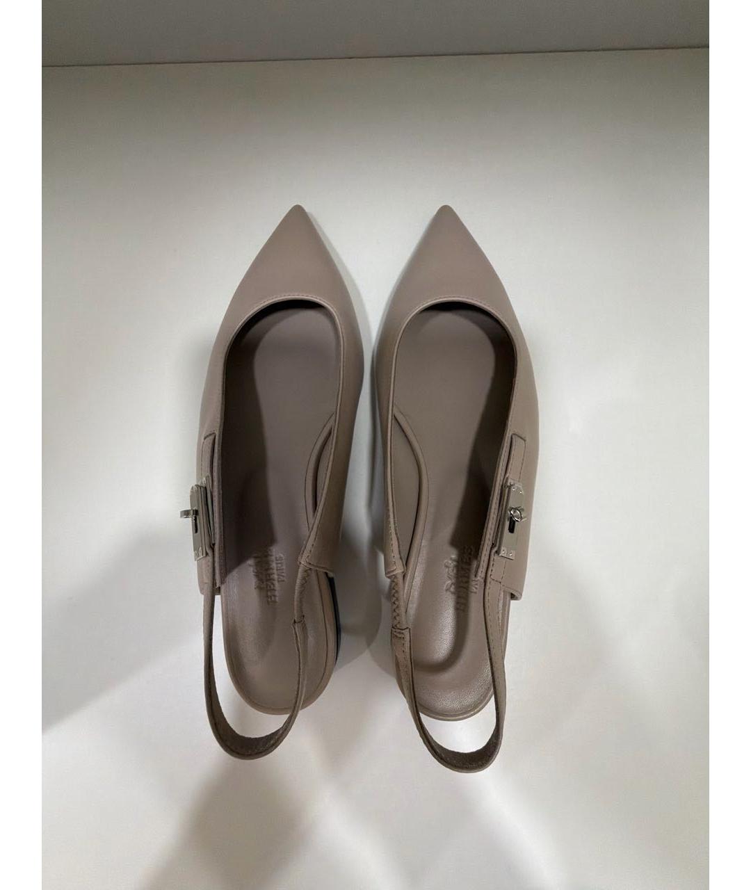 HERMES Бежевые кожаные лодочки на низком каблуке, фото 3