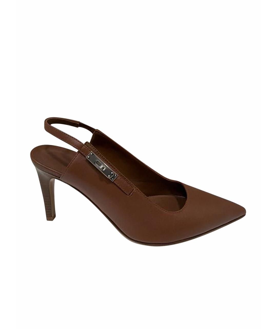 HERMES Коричневые кожаные лодочки на низком каблуке, фото 1