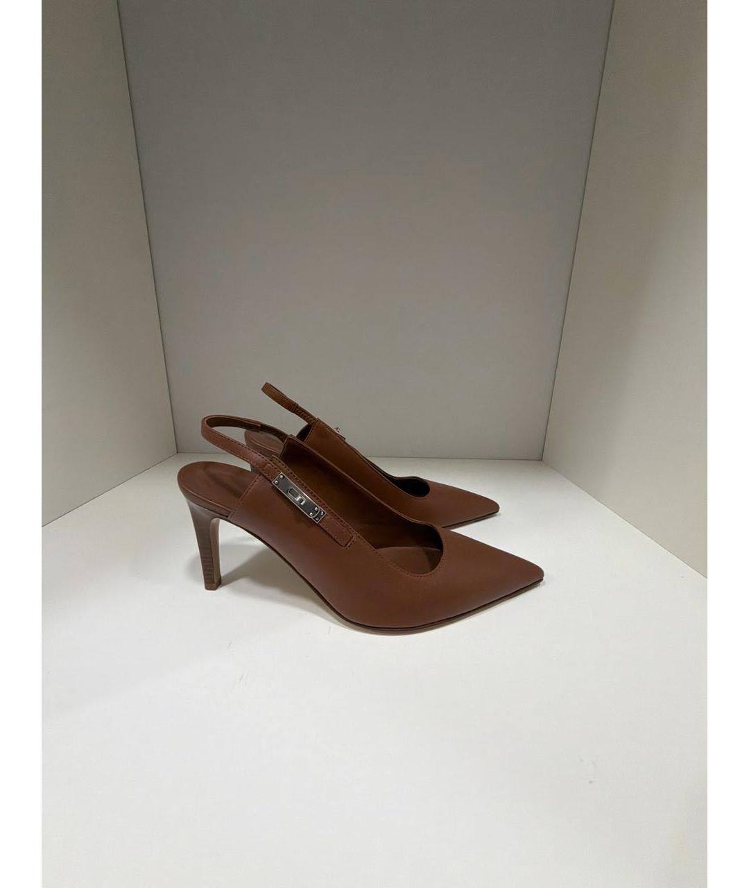 HERMES Коричневые кожаные лодочки на низком каблуке, фото 7