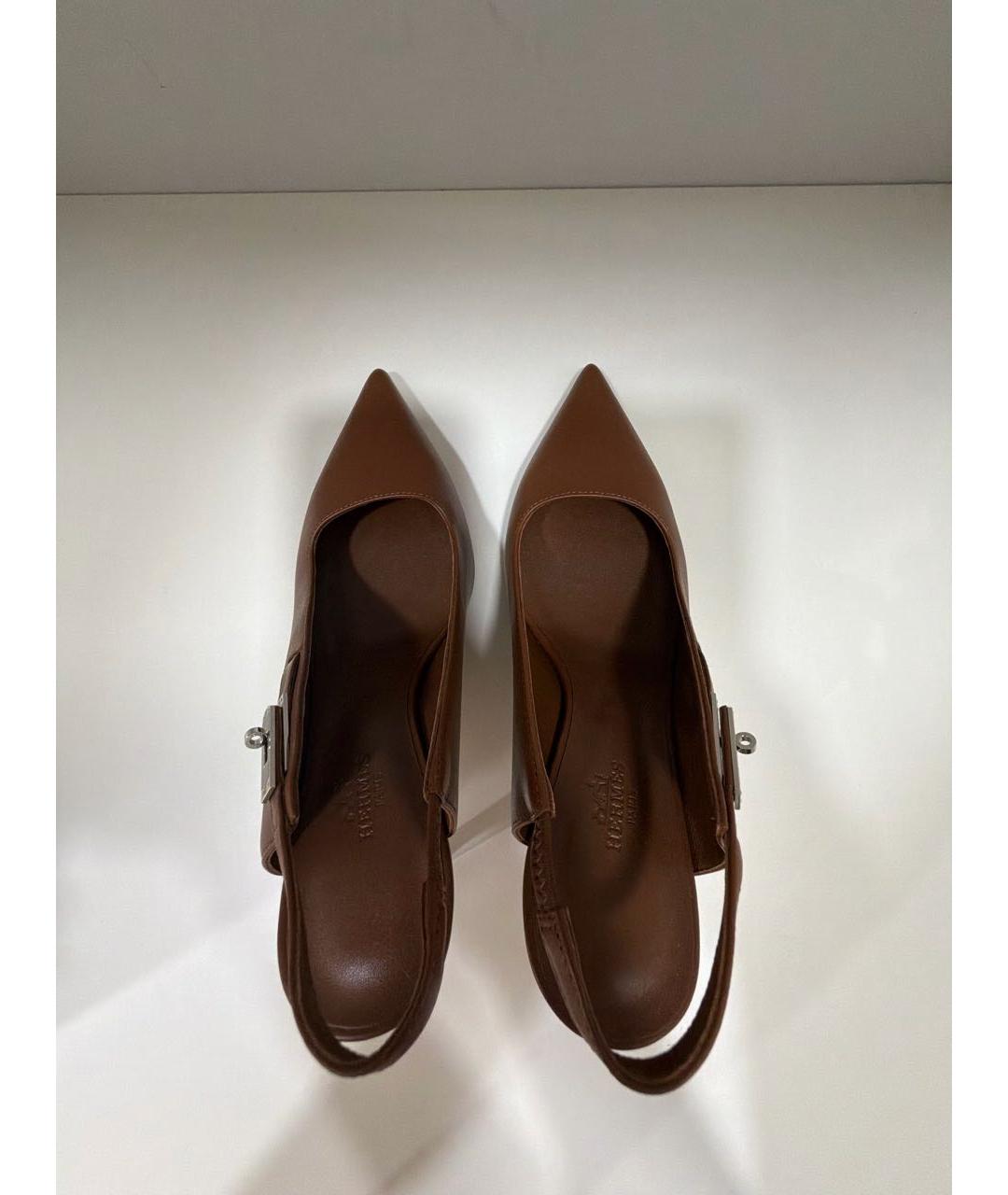 HERMES Коричневые кожаные лодочки на низком каблуке, фото 3