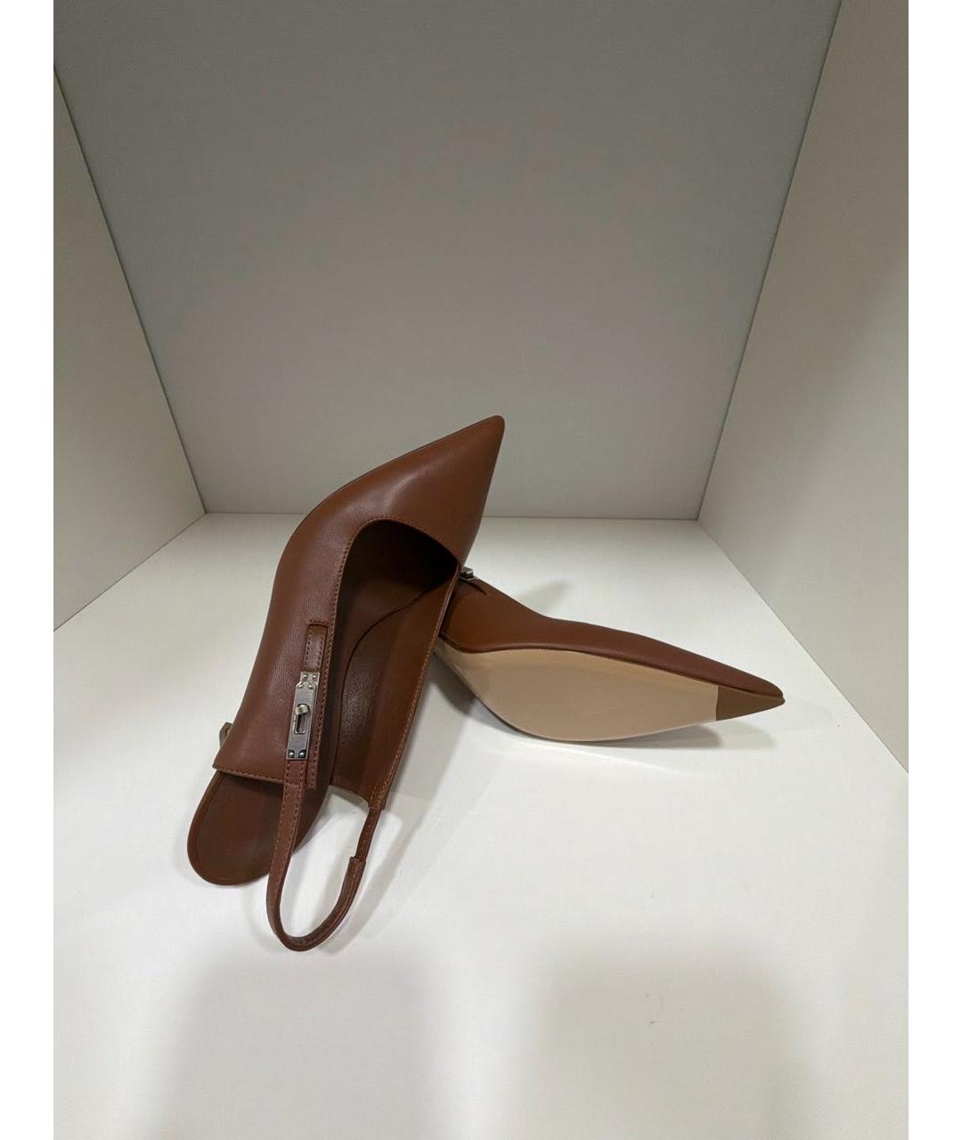 HERMES Коричневые кожаные лодочки на низком каблуке, фото 5