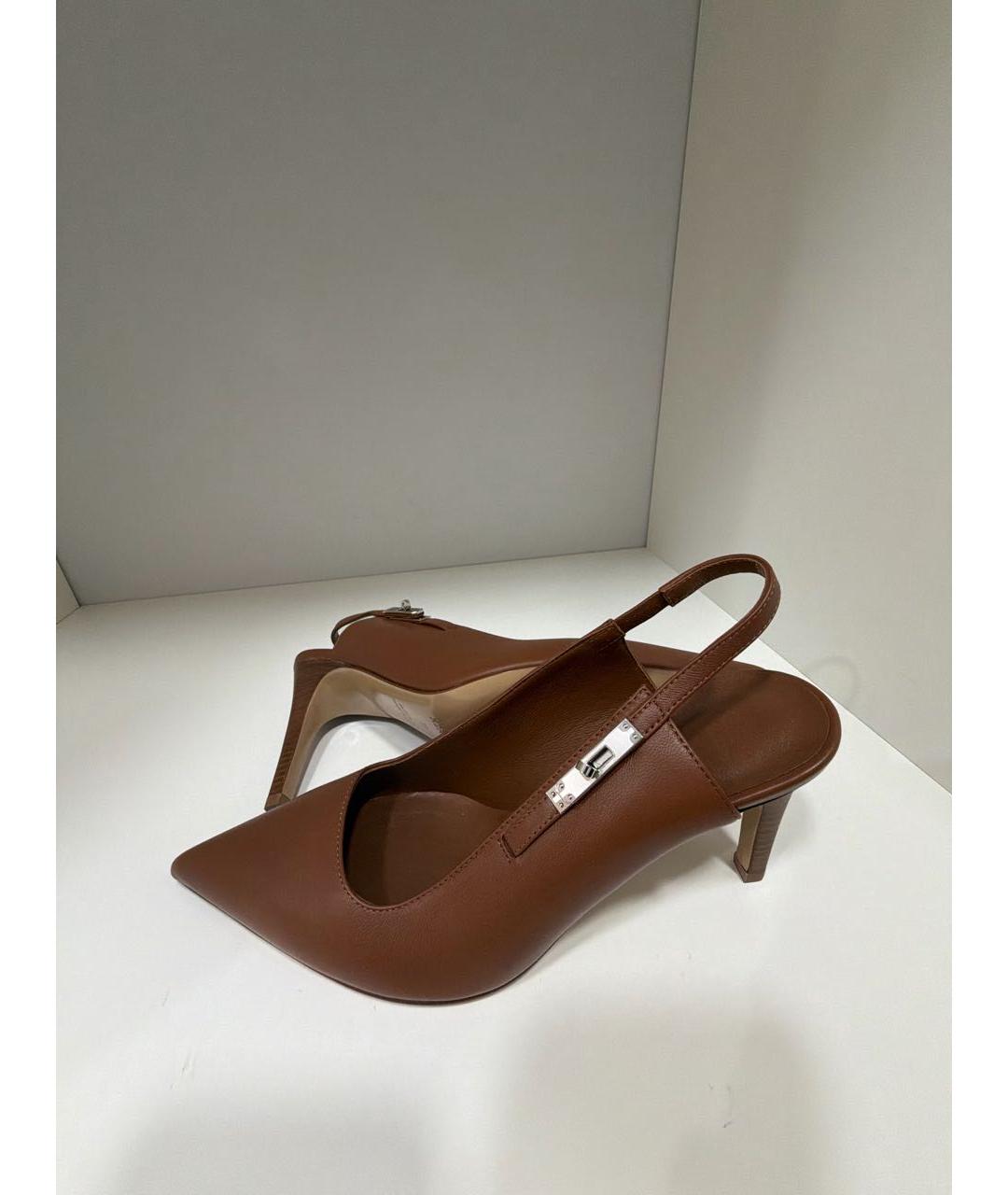 HERMES Коричневые кожаные лодочки на низком каблуке, фото 6