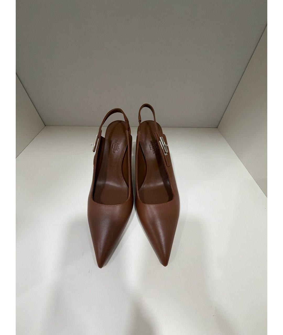HERMES Коричневые кожаные лодочки на низком каблуке, фото 2