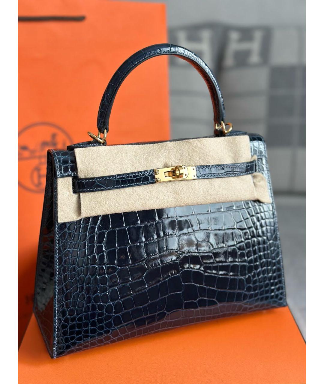 HERMES Темно-синяя сумка с короткими ручками из экзотической кожи, фото 2