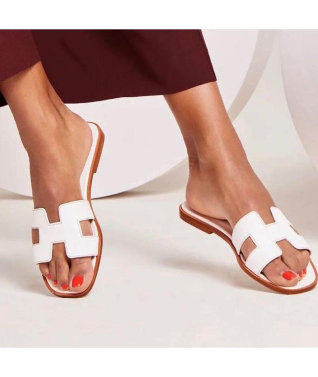 HERMES Белые кожаные шлепанцы, фото 3