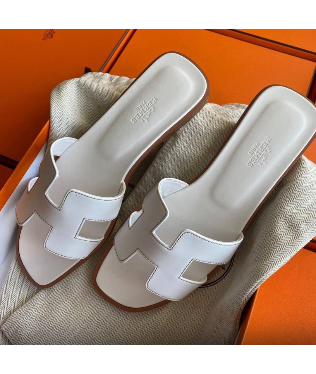 HERMES Белые кожаные шлепанцы, фото 2