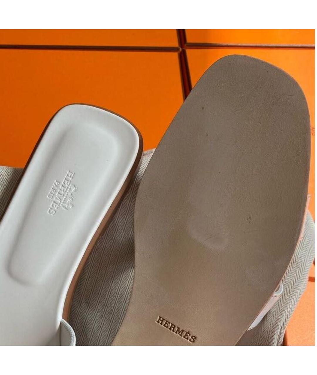 HERMES Белые кожаные шлепанцы, фото 5