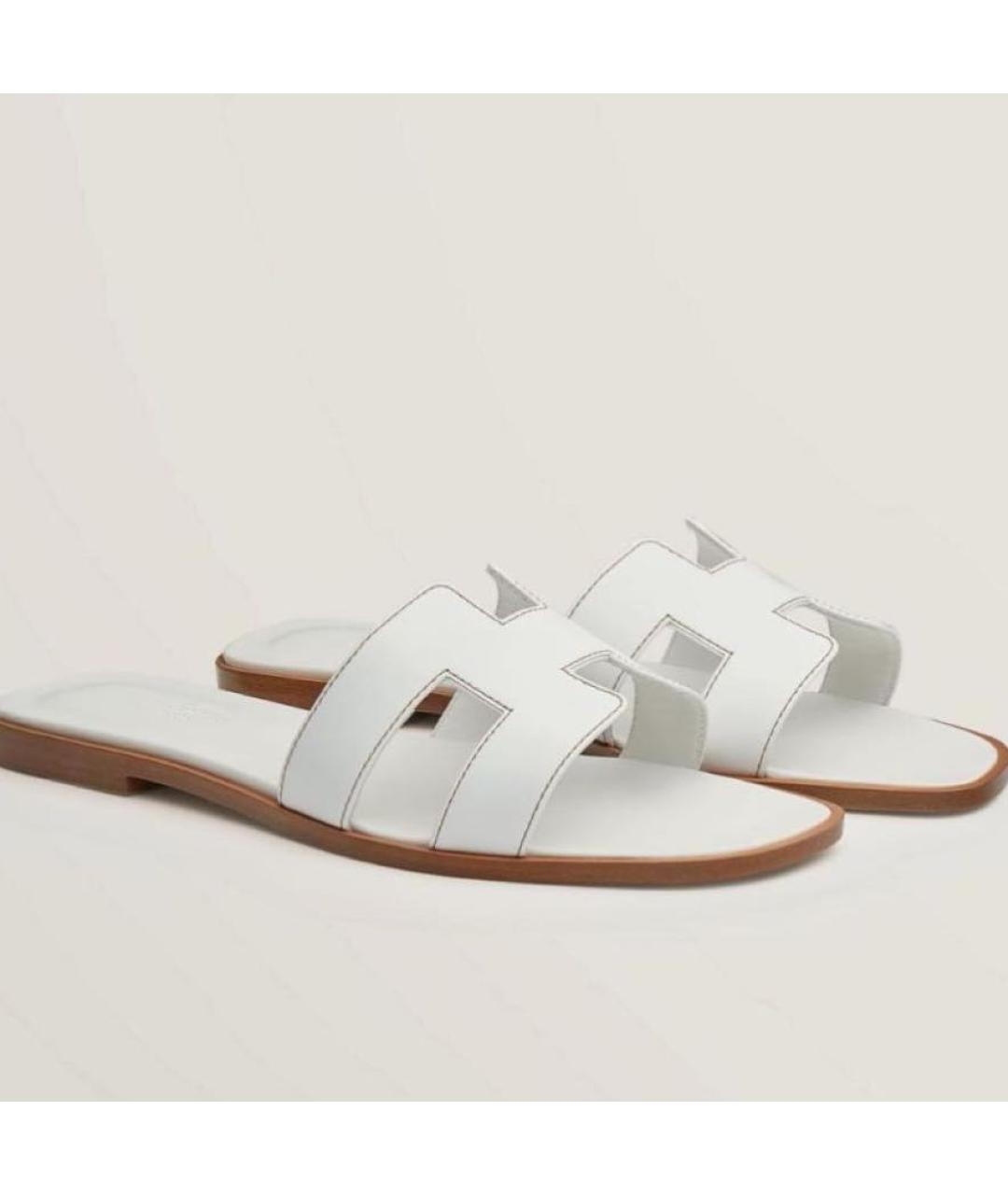 HERMES Белые кожаные шлепанцы, фото 4