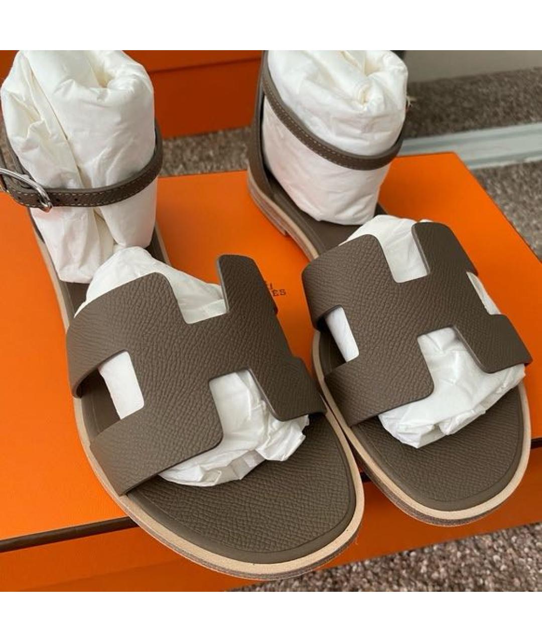 HERMES Коричневые кожаные сандалии, фото 6