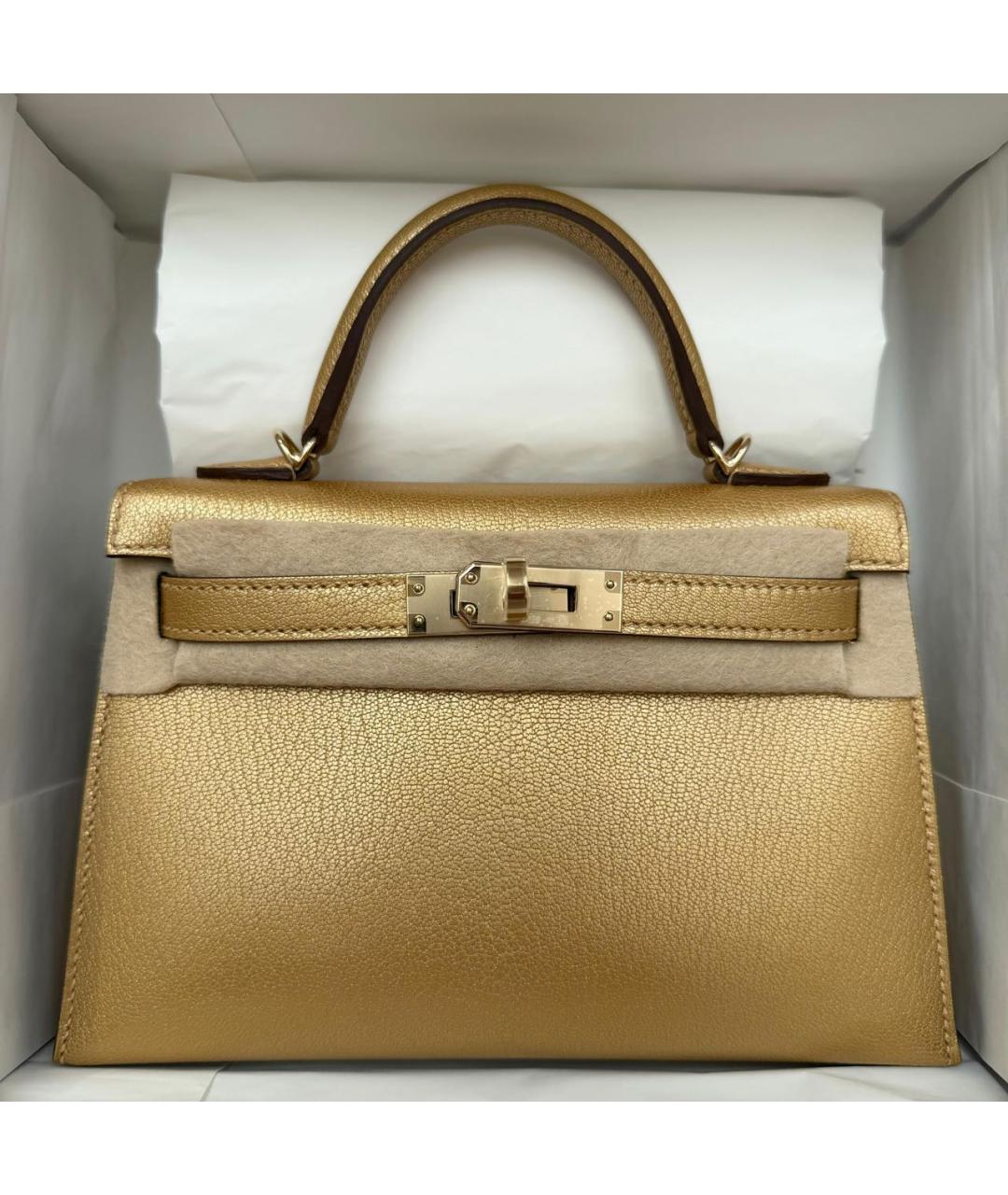 HERMES Золотая кожаная сумка с короткими ручками, фото 4