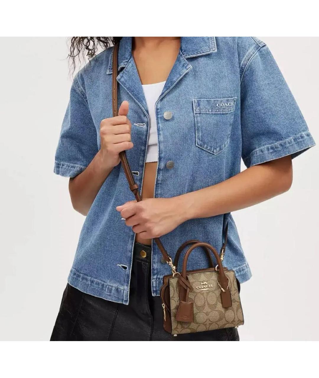 COACH Коричневая кожаная сумка с короткими ручками, фото 5