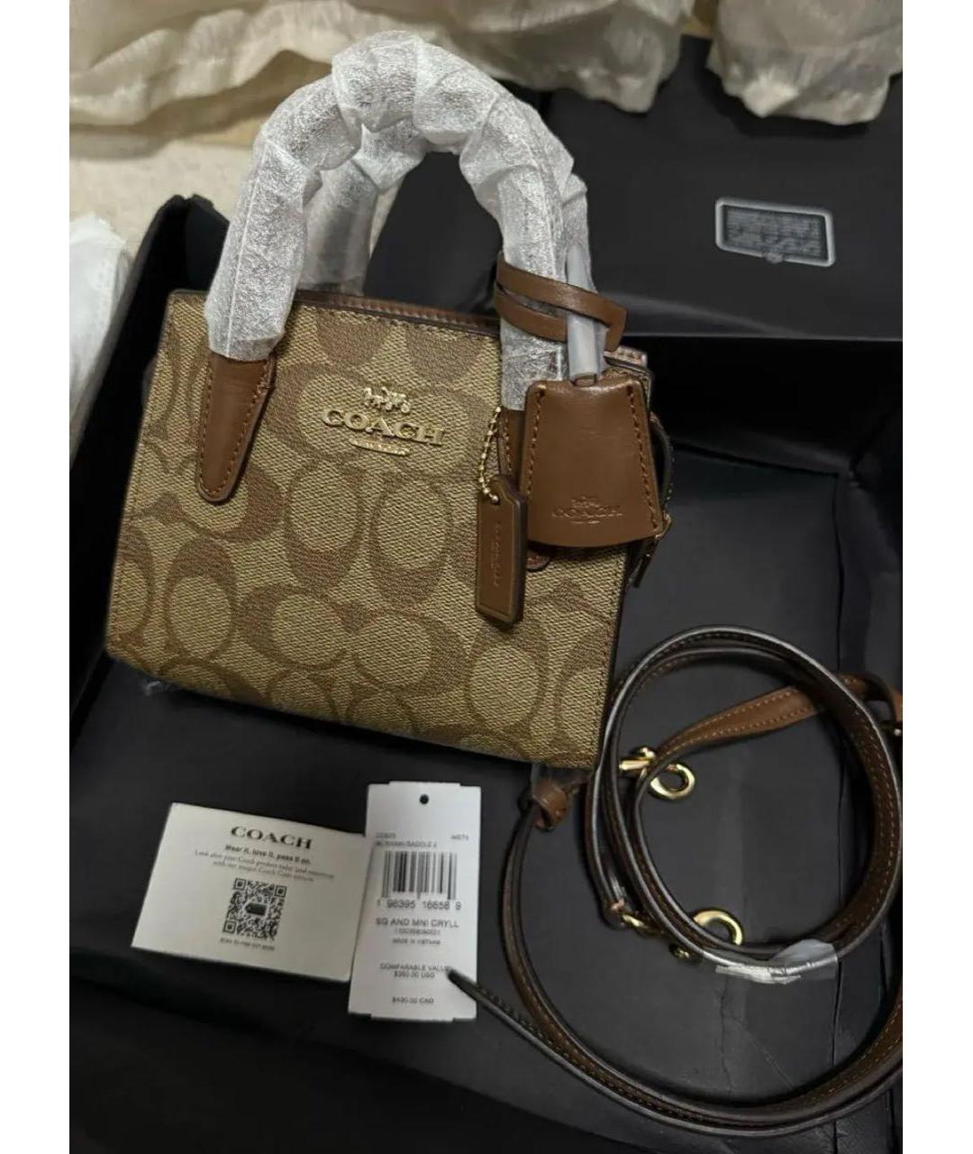 COACH Коричневая кожаная сумка с короткими ручками, фото 6
