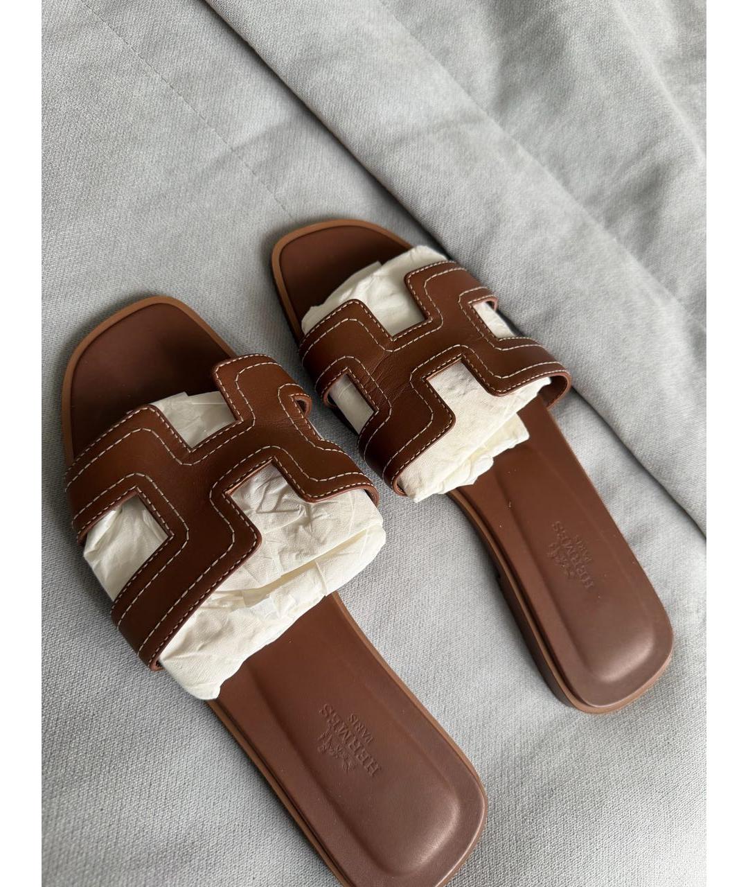 HERMES Коричневые кожаные шлепанцы, фото 3