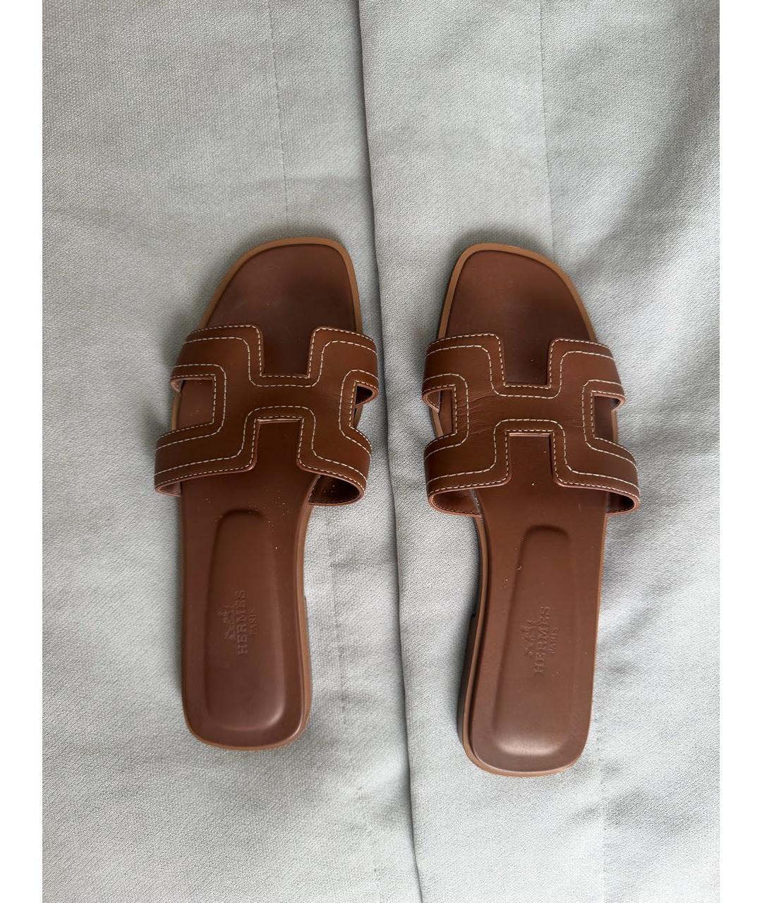 HERMES Коричневые кожаные шлепанцы, фото 6