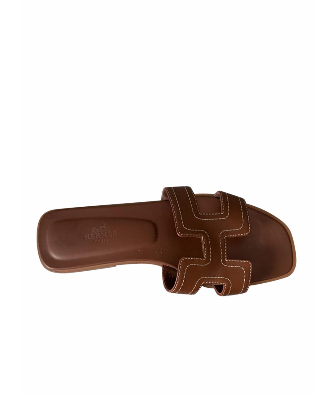HERMES Коричневые кожаные шлепанцы, фото 1