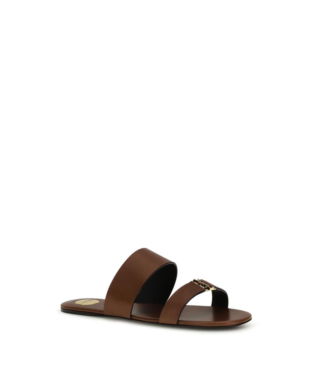 SAINT LAURENT Коричневые кожаные шлепанцы, фото 2