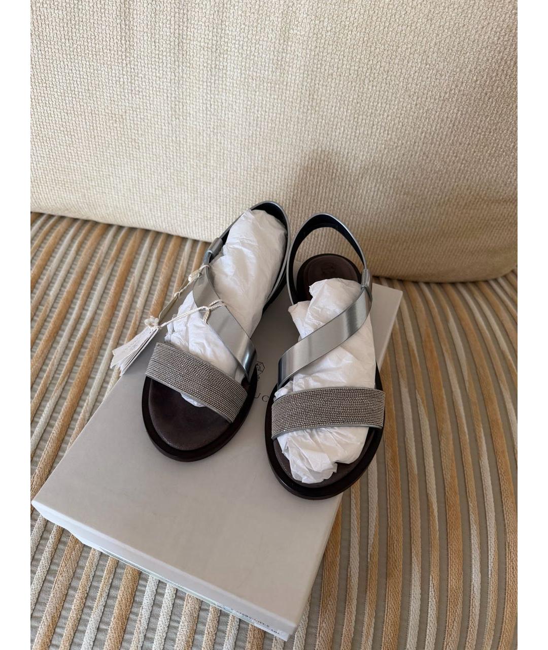 BRUNELLO CUCINELLI Серебряные кожаные босоножки, фото 3