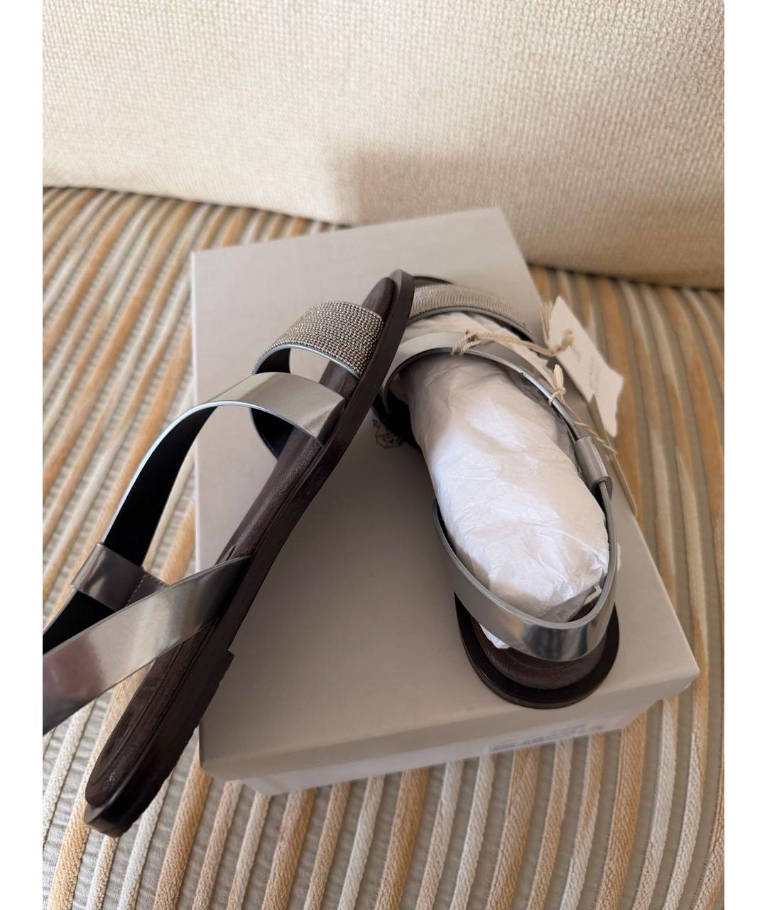 BRUNELLO CUCINELLI Серебряные кожаные босоножки, фото 6