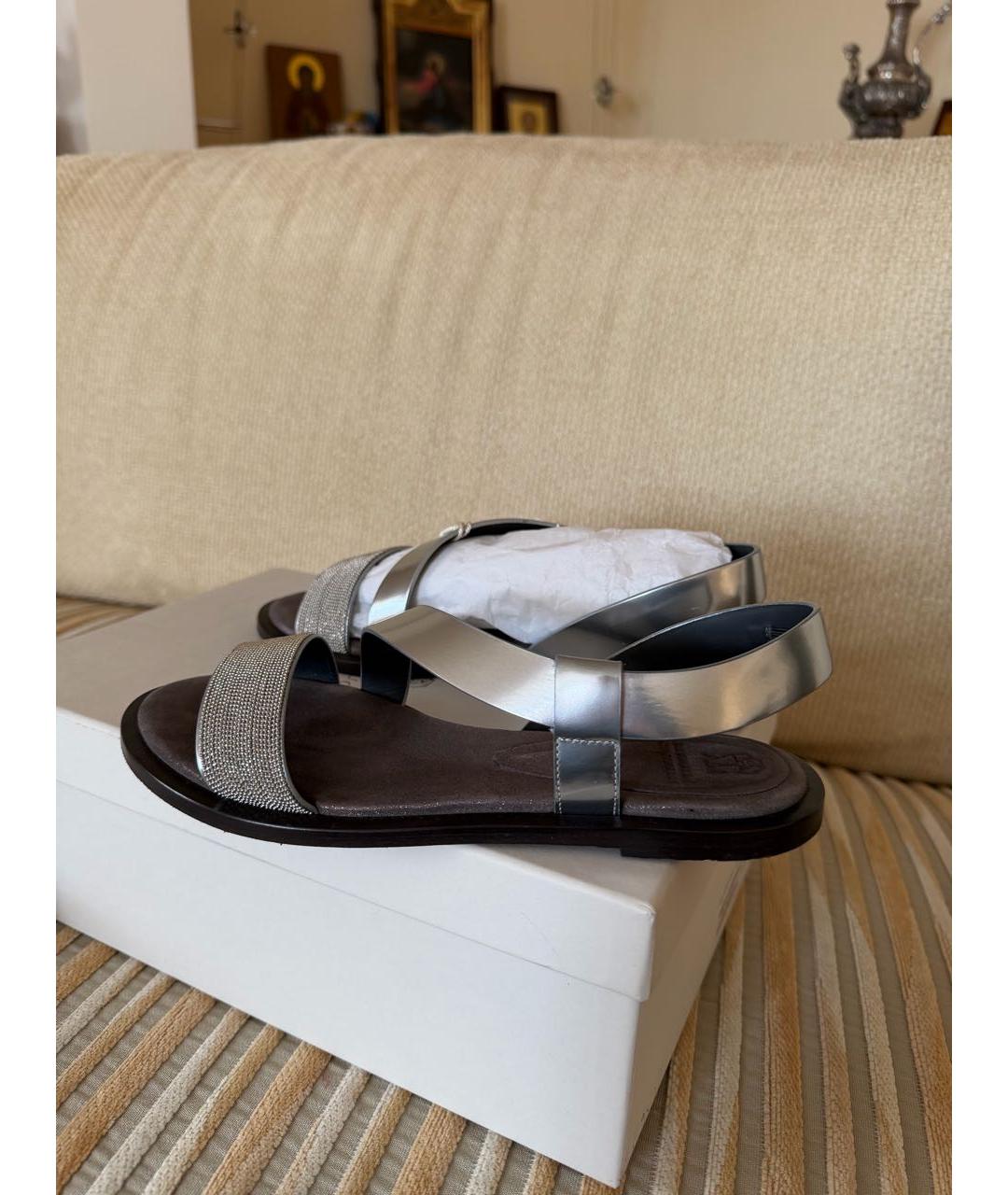 BRUNELLO CUCINELLI Серебряные кожаные босоножки, фото 9