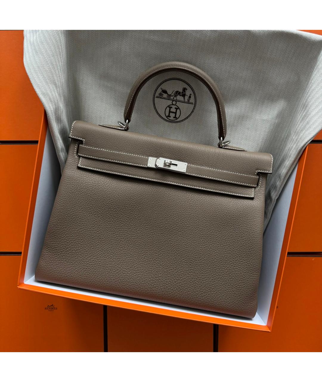 HERMES Коричневая кожаная сумка с короткими ручками, фото 2