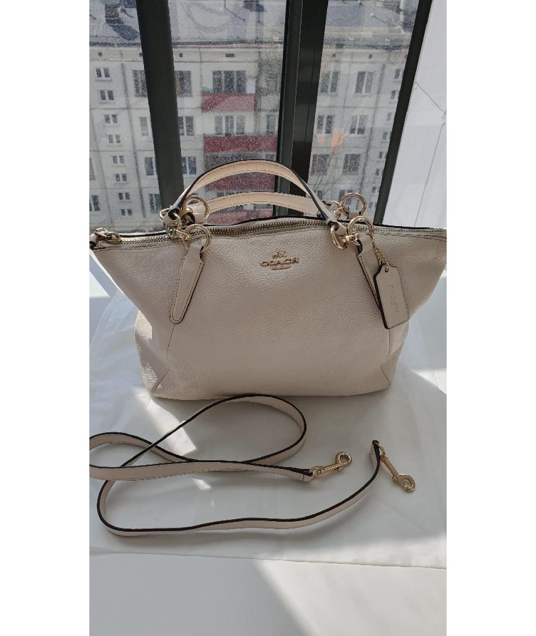 COACH Бежевая кожаная сумка с короткими ручками, фото 8
