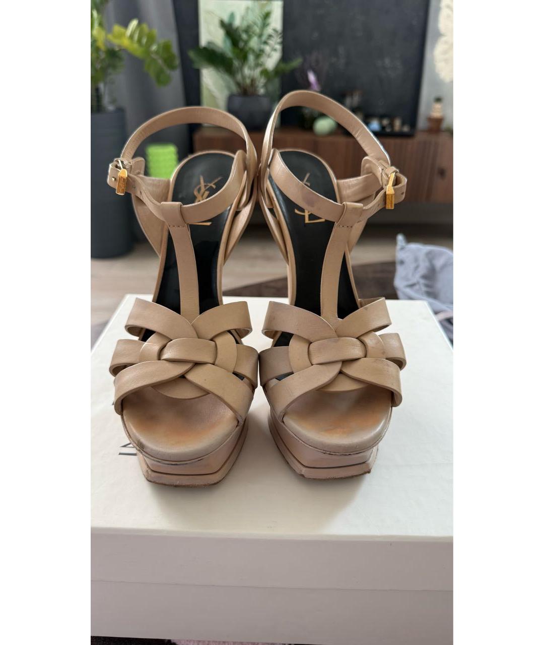 SAINT LAURENT Бежевые кожаные босоножки, фото 2