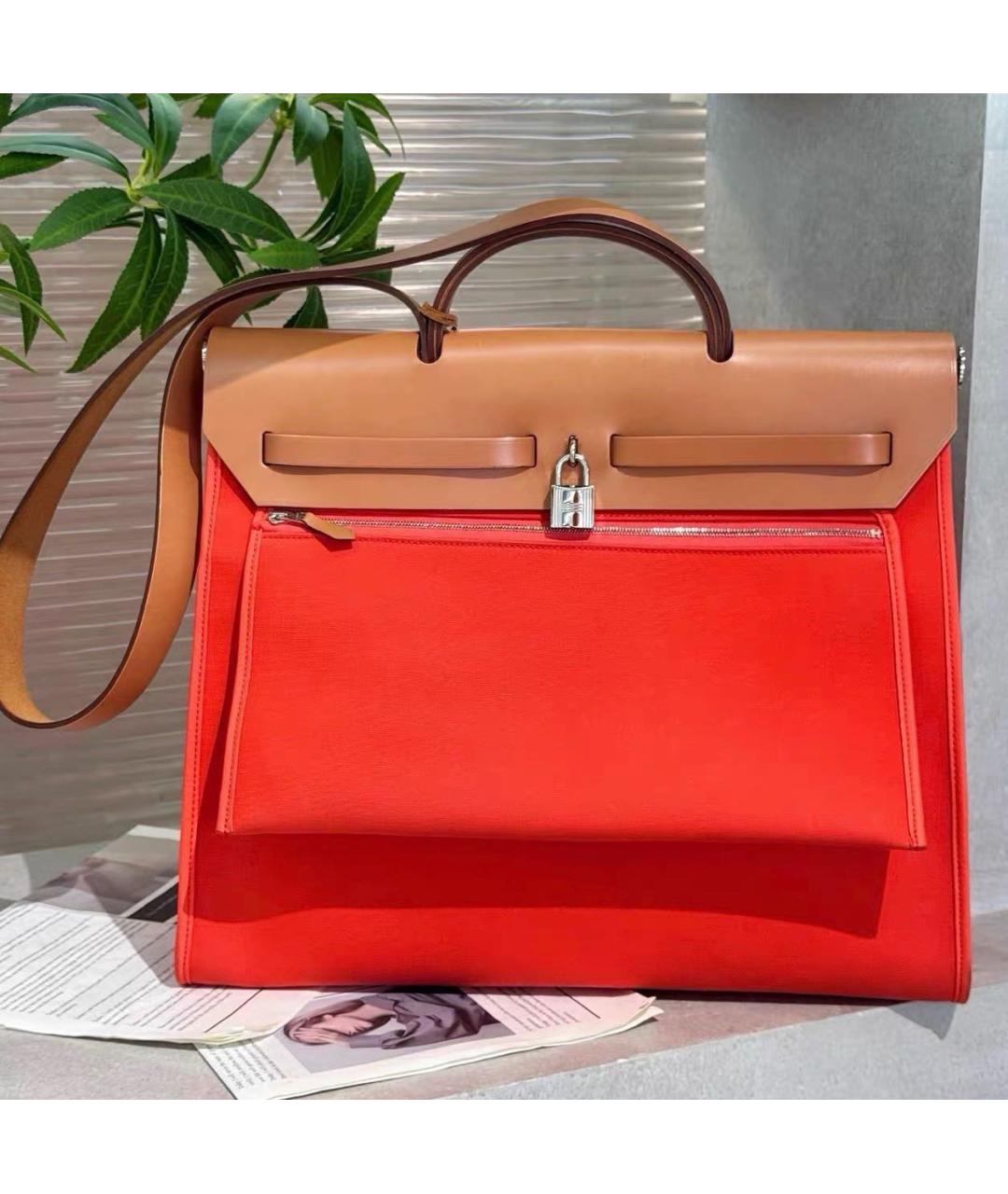 HERMES Коралловая кожаная сумка тоут, фото 3