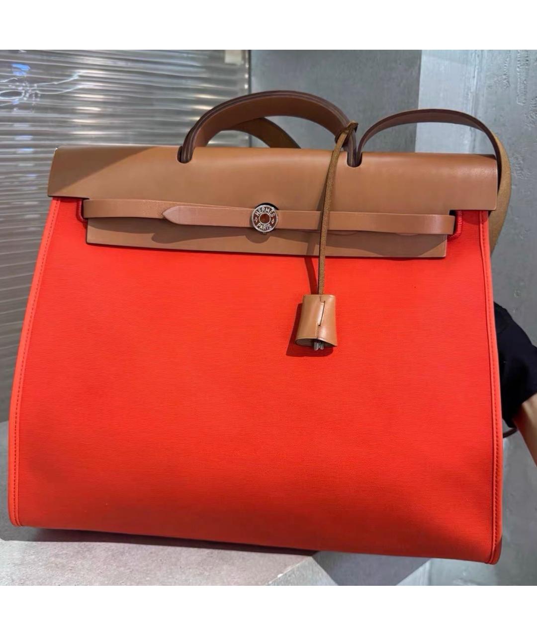 HERMES Коралловая кожаная сумка тоут, фото 6