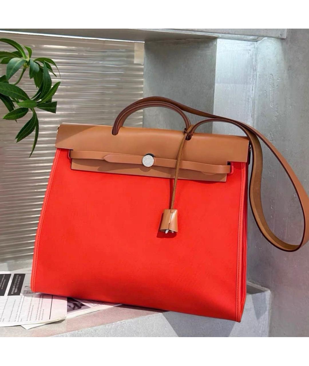HERMES Коралловая кожаная сумка тоут, фото 9
