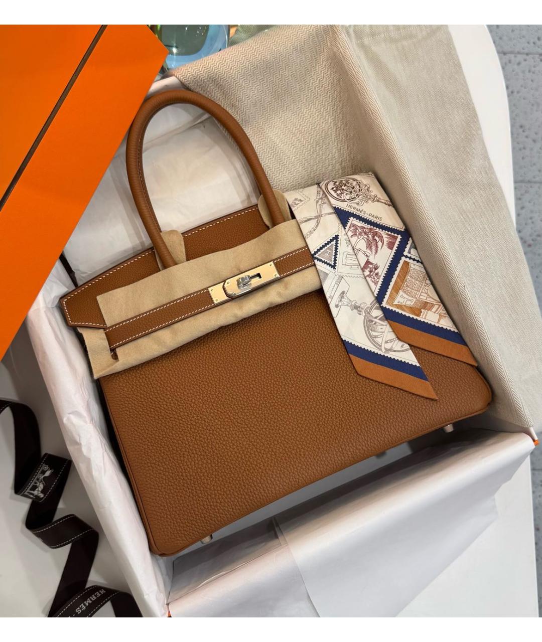 HERMES Коричневая кожаная сумка с короткими ручками, фото 6
