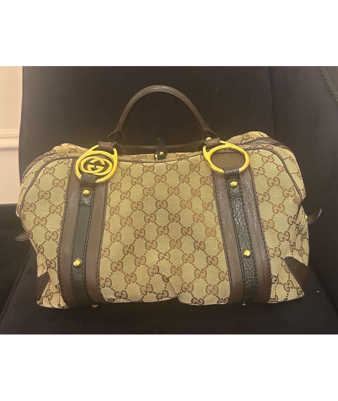 GUCCI Коричневая тканевая сумка с короткими ручками, фото 2